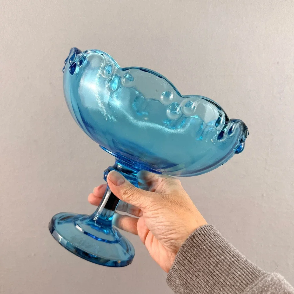 Vtg Indiana Glass Blue Teardrop Garland Pedestal Compote Bowl MCM Centerpiece 8